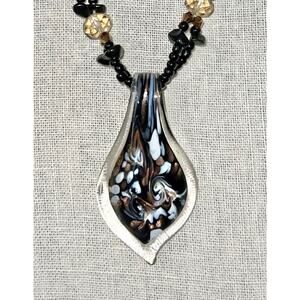 Lucas Lameth 925 Sterling Silver Beaded Art Glass Pendant Necklace Black Gold